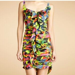 Rachel Roy Dress, floral, ruffle front, sz 10, 20" pit to pit, side zip
